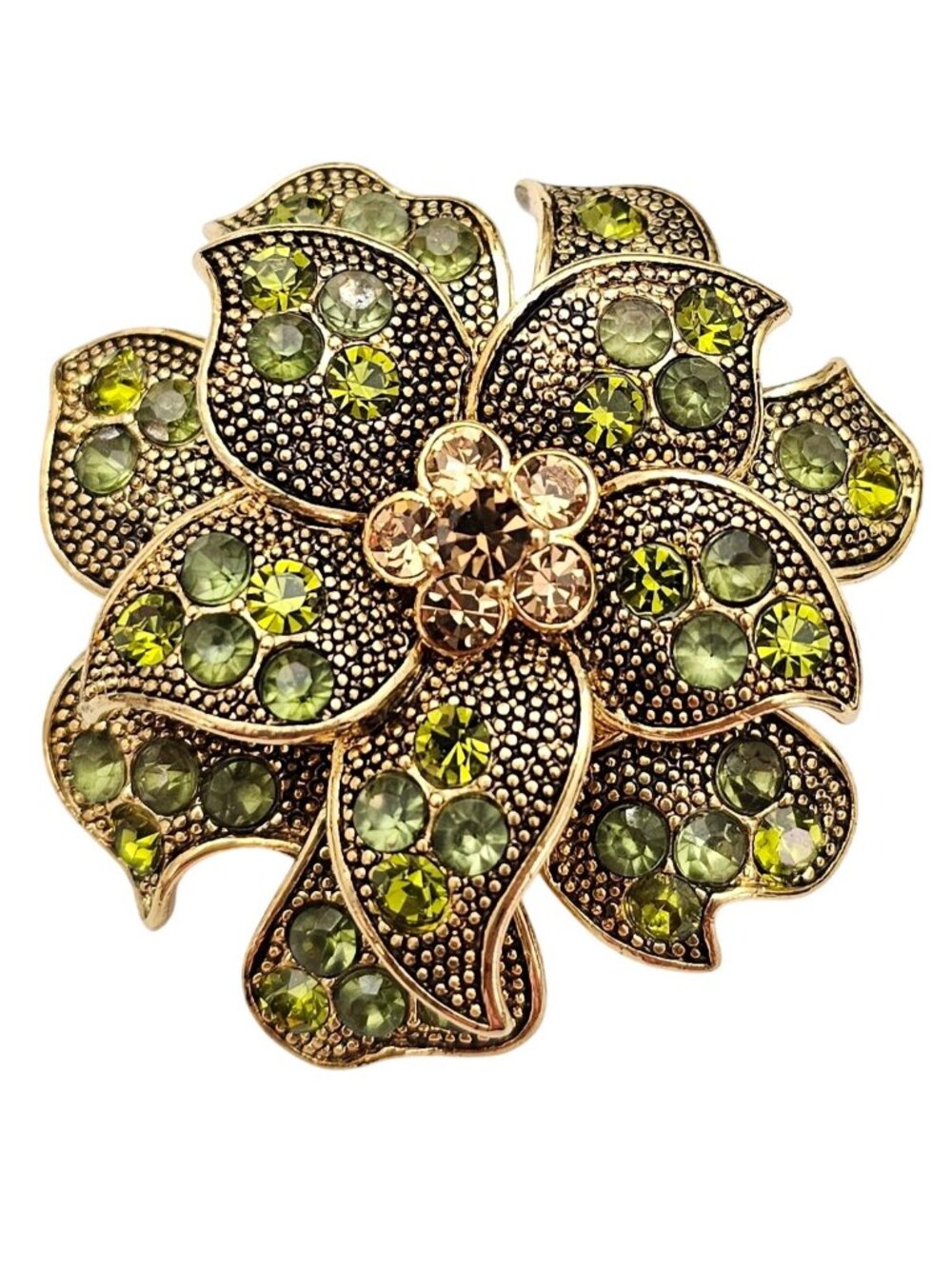 Lauren Conrad Green Rhinestone Flower Brooch, Layer Cluster Pin Signed, J742
